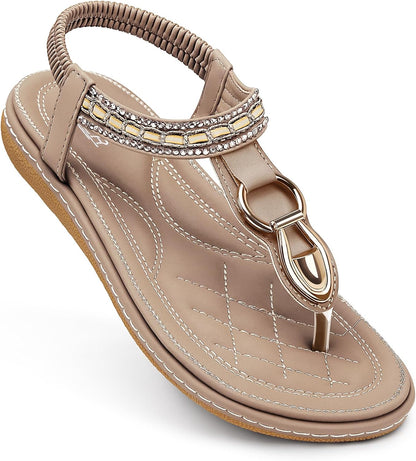 SHIBEVER Women's Elegant Summer Sandals: Comfortable Flat Bohemian T-Strap Casual Footwear