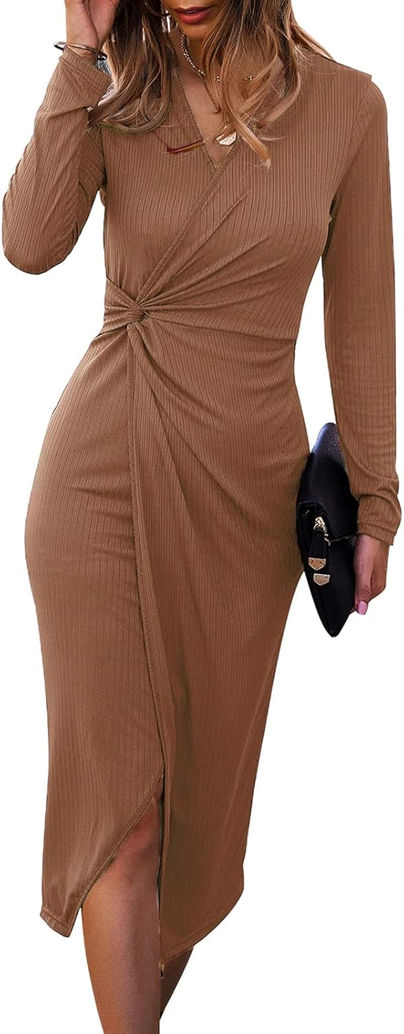 SHIBEVER Women's Long Sleeve Midi Dress: Casual V-Neck Ribbed Knit Bodycon with Twist Waist and Slit for Cocktail Events