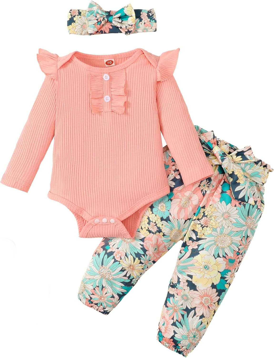 Adorable Kislio Newborn Baby Girls Outfit Set - Ribbed Ruffled Romper, Floral Pants & Matching Headband