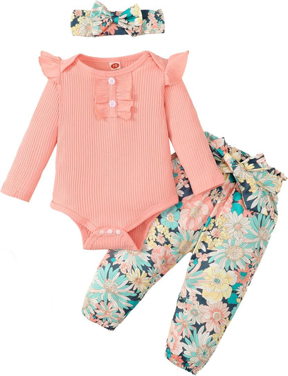 Adorable Kislio Newborn Baby Girls Outfit Set - Ribbed Ruffled Romper, Floral Pants & Matching Headband