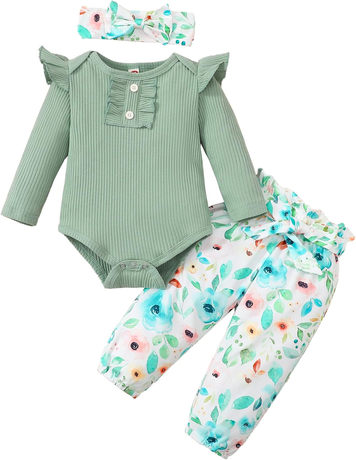 Adorable Kislio Newborn Baby Girls Outfit Set - Ribbed Ruffled Romper, Floral Pants & Matching Headband