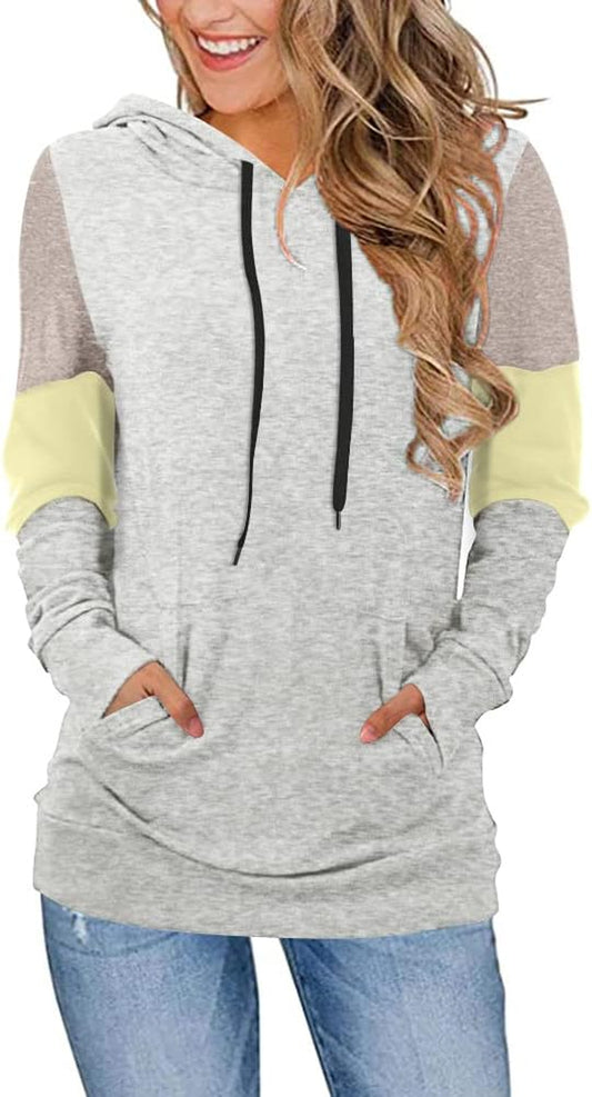 CATHY Women's Casual Color Block Long Sleeve Pullover Hoodie Tunic with Pocket