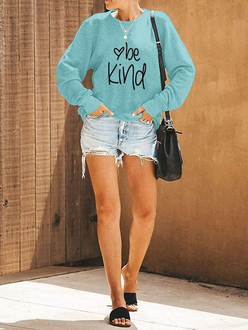 Dressmine Women's "Be Kind" Graphic Long Sleeve Sweatshirt - Casual Crew Neck Pullover in Blue Green, X-Large