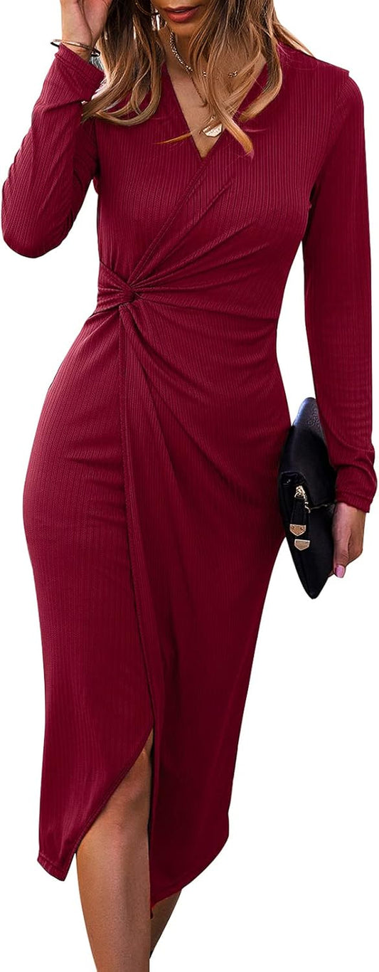 SHIBEVER Women's Long Sleeve Midi Dress: Casual V-Neck Ribbed Knit Bodycon with Twist Waist and Slit for Cocktail Events