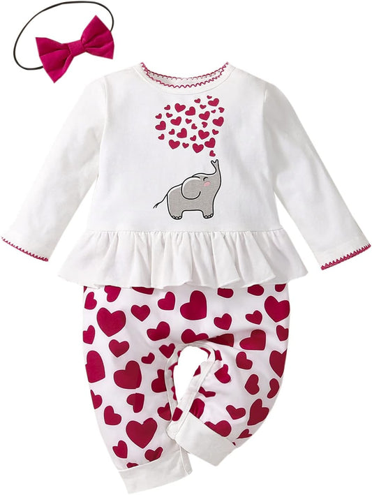 Adorable Newborn Baby Girl Fall Outfit - Long Sleeve Love Elephant Romper Jumpsuit with Matching Headband (White Red, 12-18 Months)