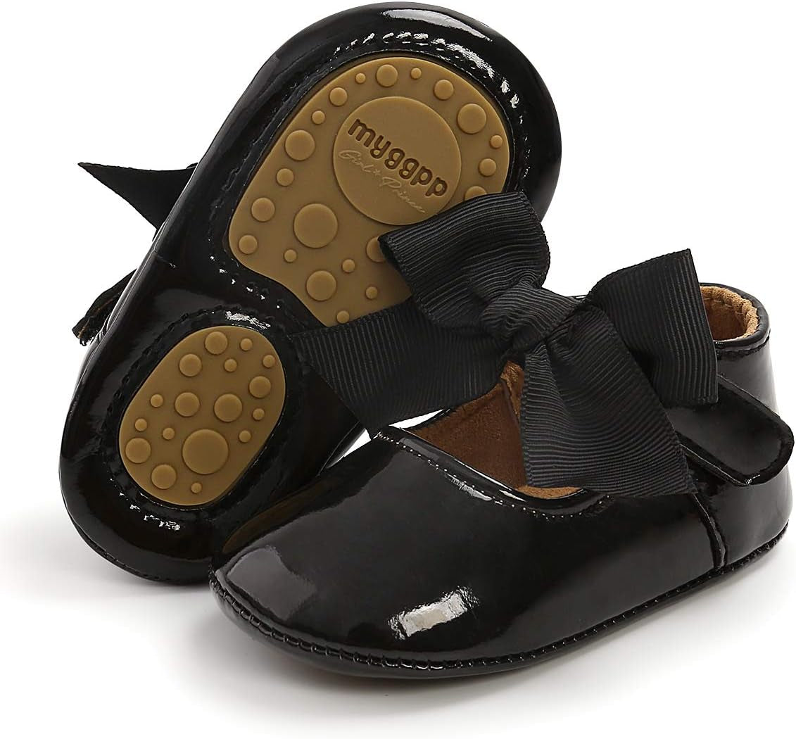 LAFEGEN Adorable Infant Girls' Mary Jane Flats with Bow Knot - Non-Slip Soft Sole PU Leather First Walker Dress Shoes