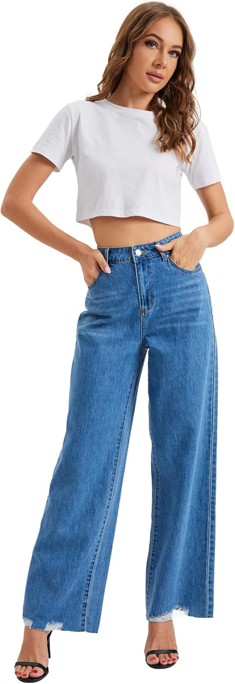 Women's High-Waist Wide Leg Denim Jeans - Casual Straight Leg Cropped Pants