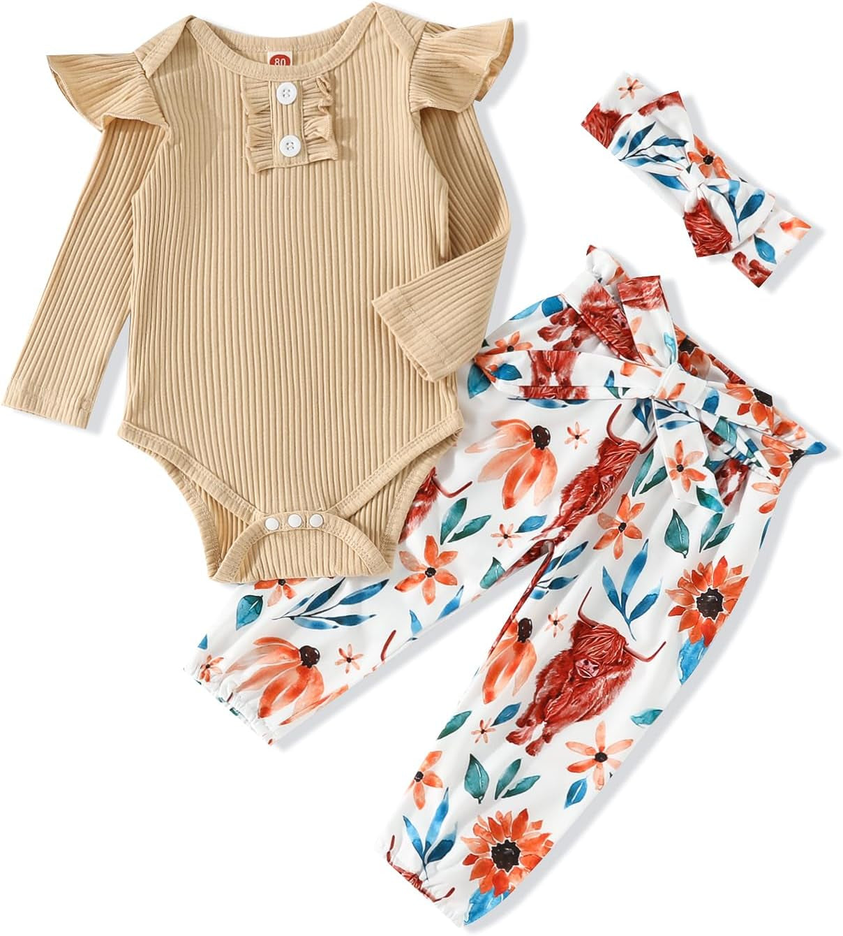Adorable Kislio Newborn Baby Girls Outfit Set - Ribbed Ruffled Romper, Floral Pants & Matching Headband