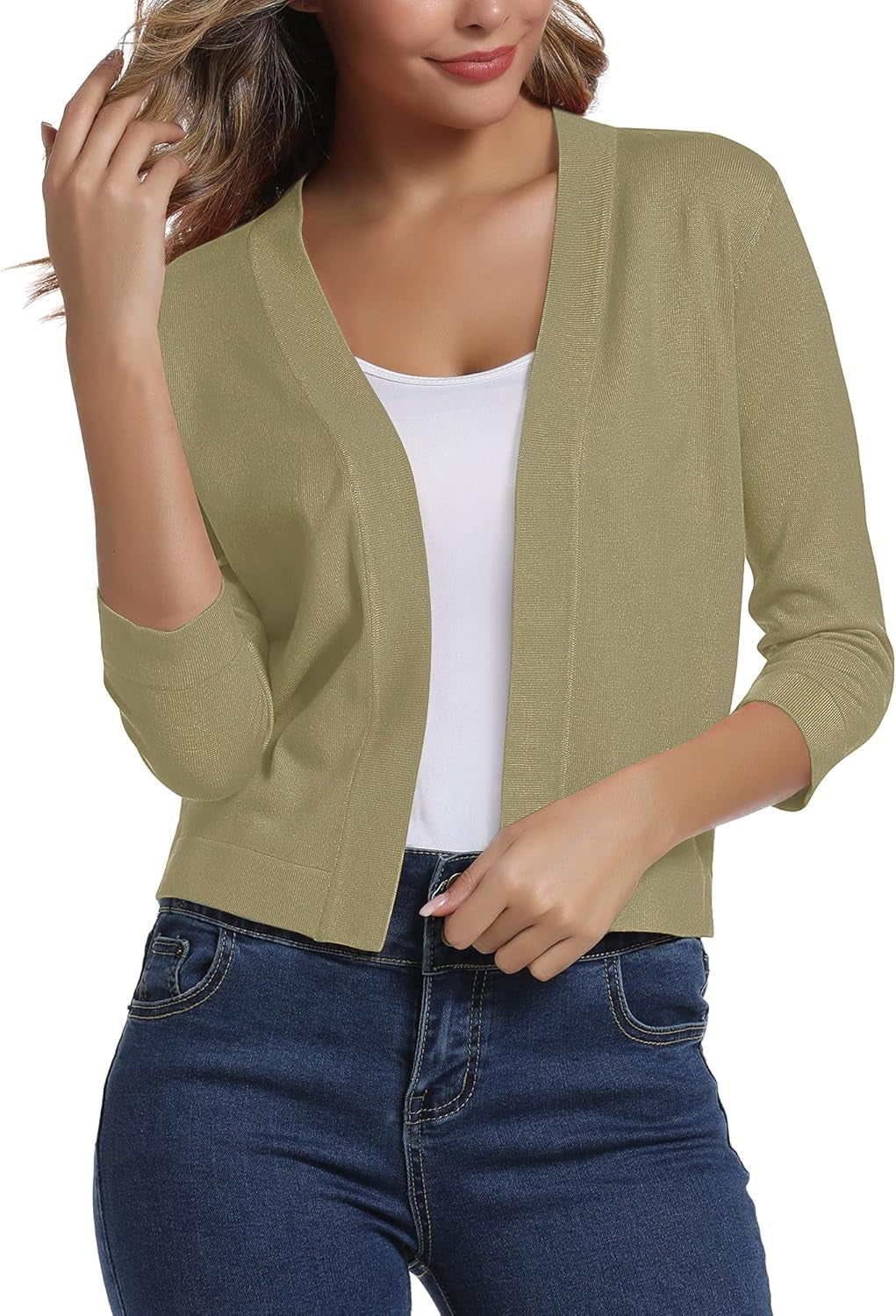 Urban Coco Women's Sophisticated 3/4 Sleeve Cropped Cardigan Sweater Shrug
