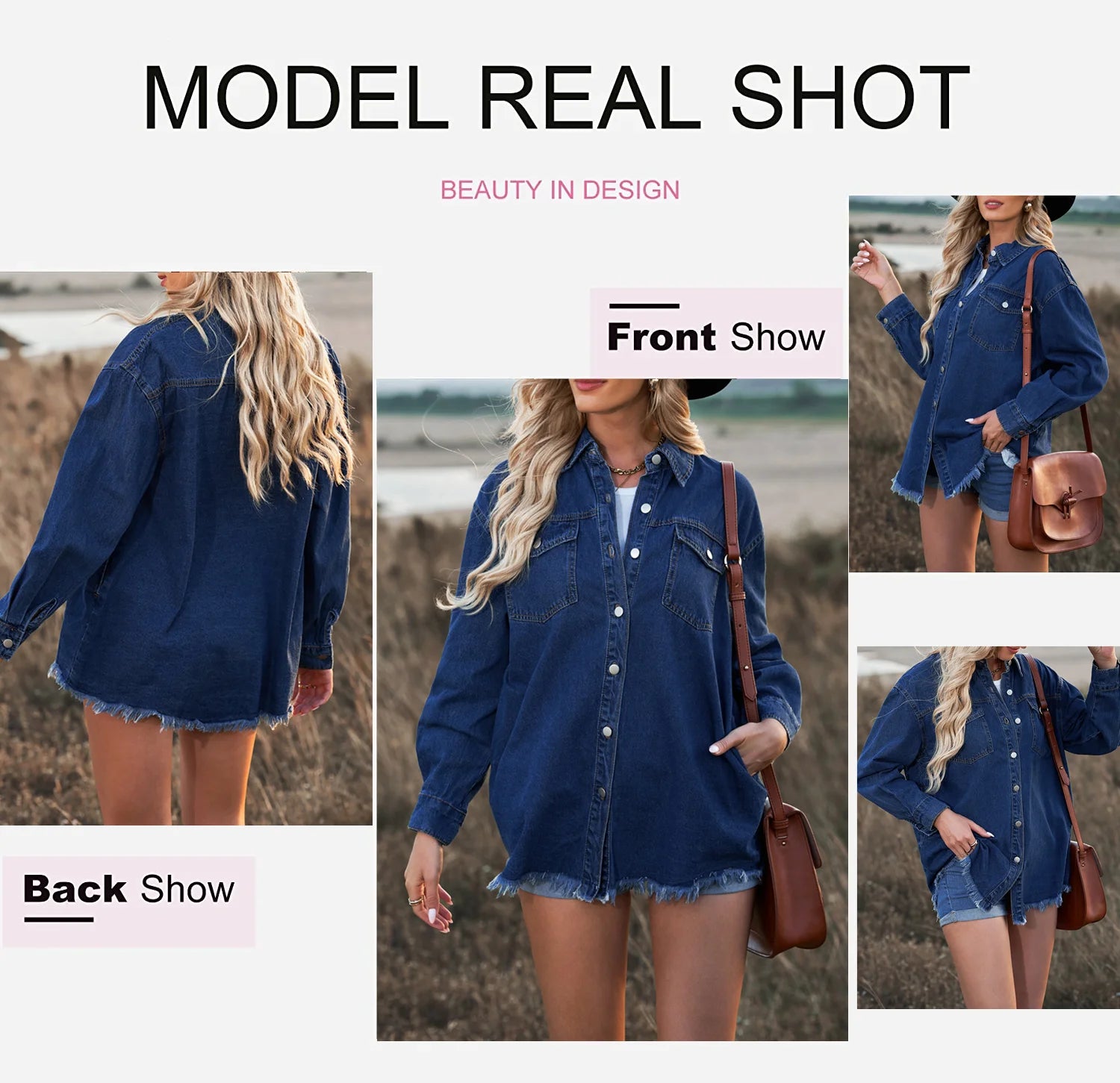 Women's Casual Long Sleeve Denim Jacket - Distressed Button-Down Boyfriend Shacket in Green