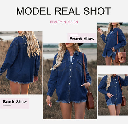 Women's Casual Long Sleeve Denim Jacket - Distressed Button-Down Boyfriend Shacket in Green
