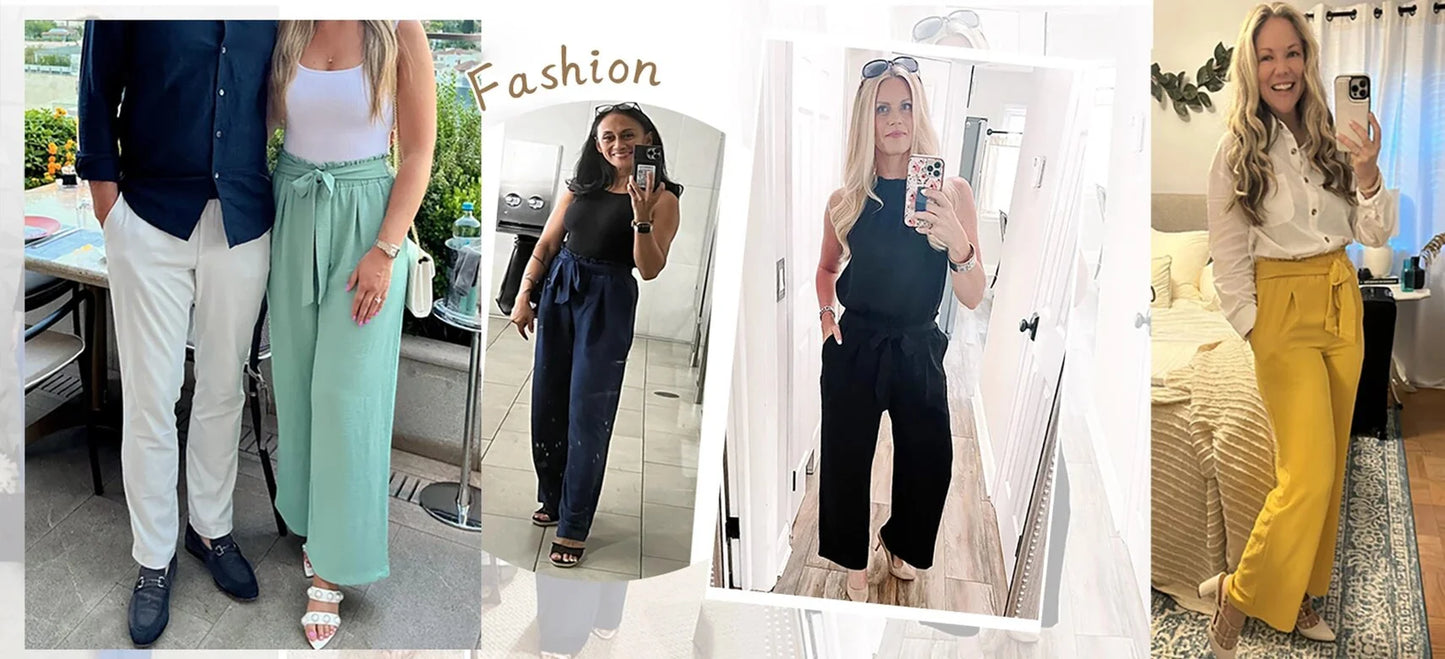 Women's High-Waisted Wide Leg Lounge Pants with Pockets and Adjustable Tie Knot - Casual and Work Trousers