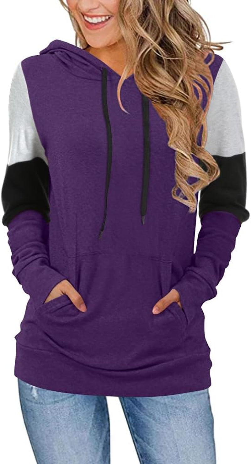 CATHY Women's Casual Color Block Long Sleeve Pullover Hoodie Tunic with Pocket