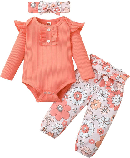 Adorable Kislio Newborn Baby Girls Outfit Set - Ribbed Ruffled Romper, Floral Pants & Matching Headband