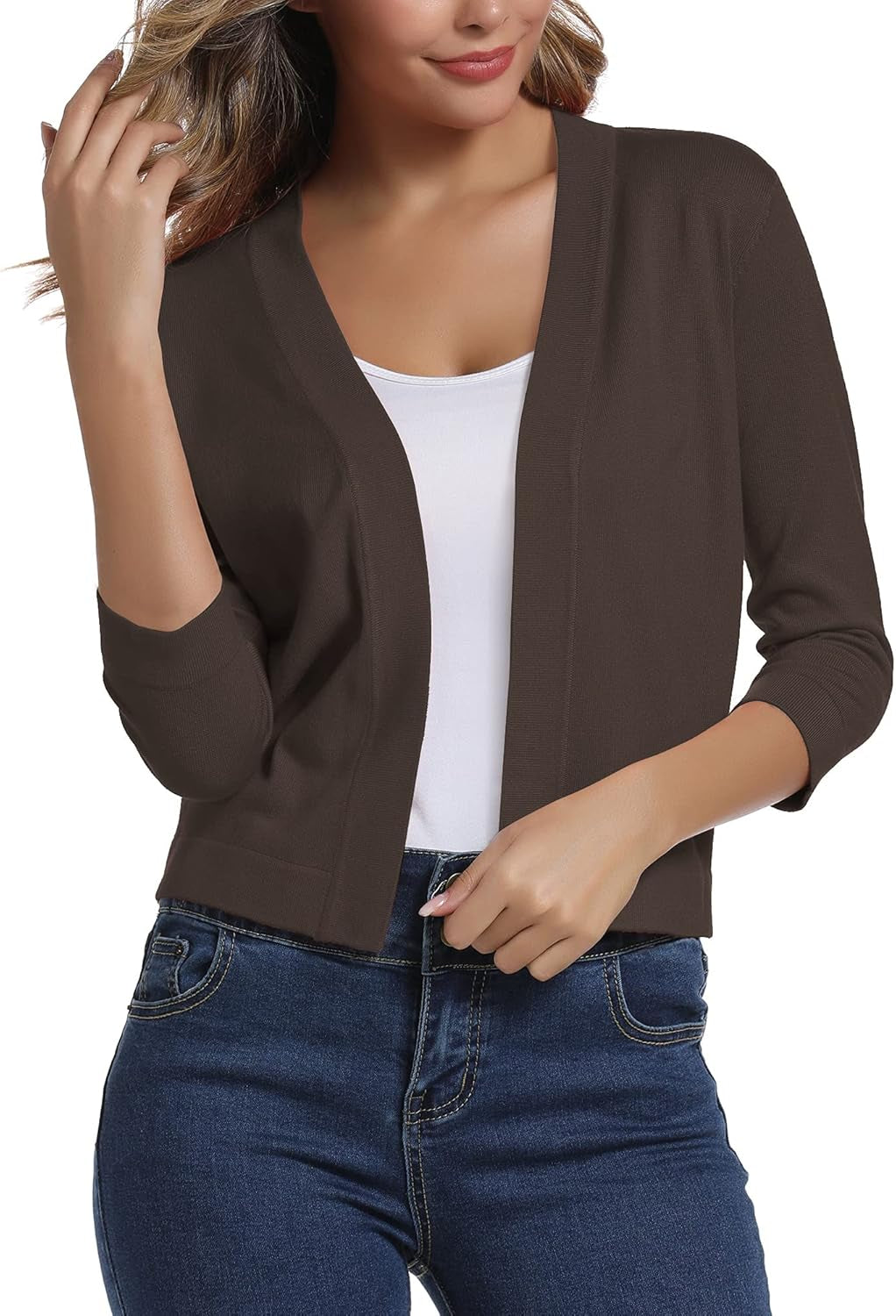 Urban Coco Women's Sophisticated 3/4 Sleeve Cropped Cardigan Sweater Shrug