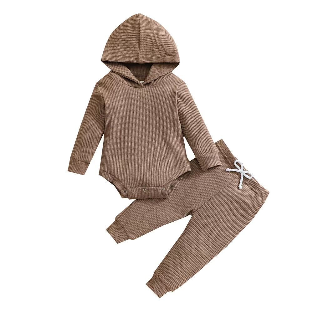 Hooded Jumpsuit and Trousers Set for Newborns in Solid Colors for Boys and Girls