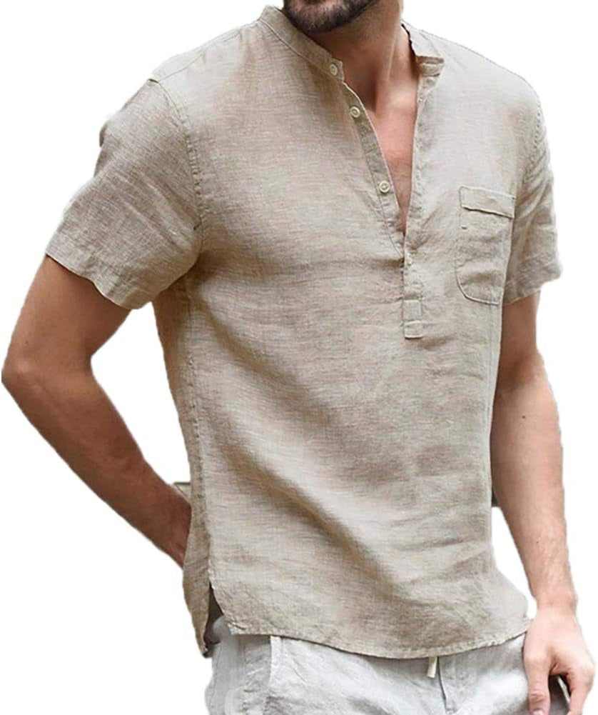 Stylish Men's Linen Cotton Short Sleeve Henley Shirt - Casual Button-Up Beach T-Shirt Available in 7 Vibrant Colors, Including Beige