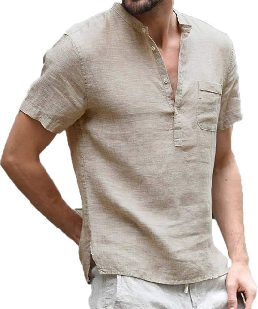 Stylish Men's Linen Cotton Short Sleeve Henley Shirt - Casual Button-Up Beach T-Shirt Available in 7 Vibrant Colors, Including Beige