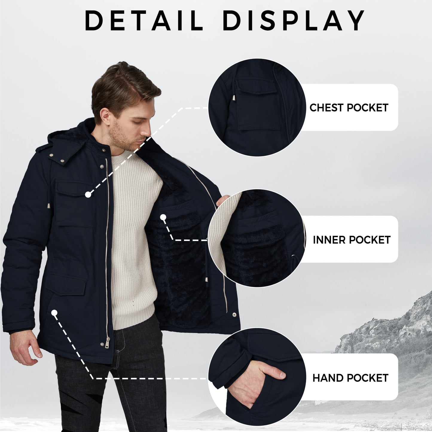 Men's Big and Tall Hooded Winter Parka Puffer Jacket in Navy, Size 3XL