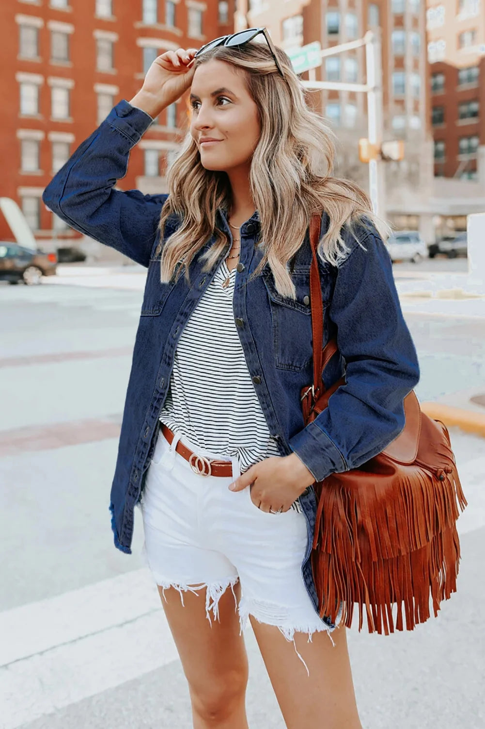 Women's Casual Long Sleeve Denim Jacket - Distressed Button-Down Boyfriend Shacket in Green