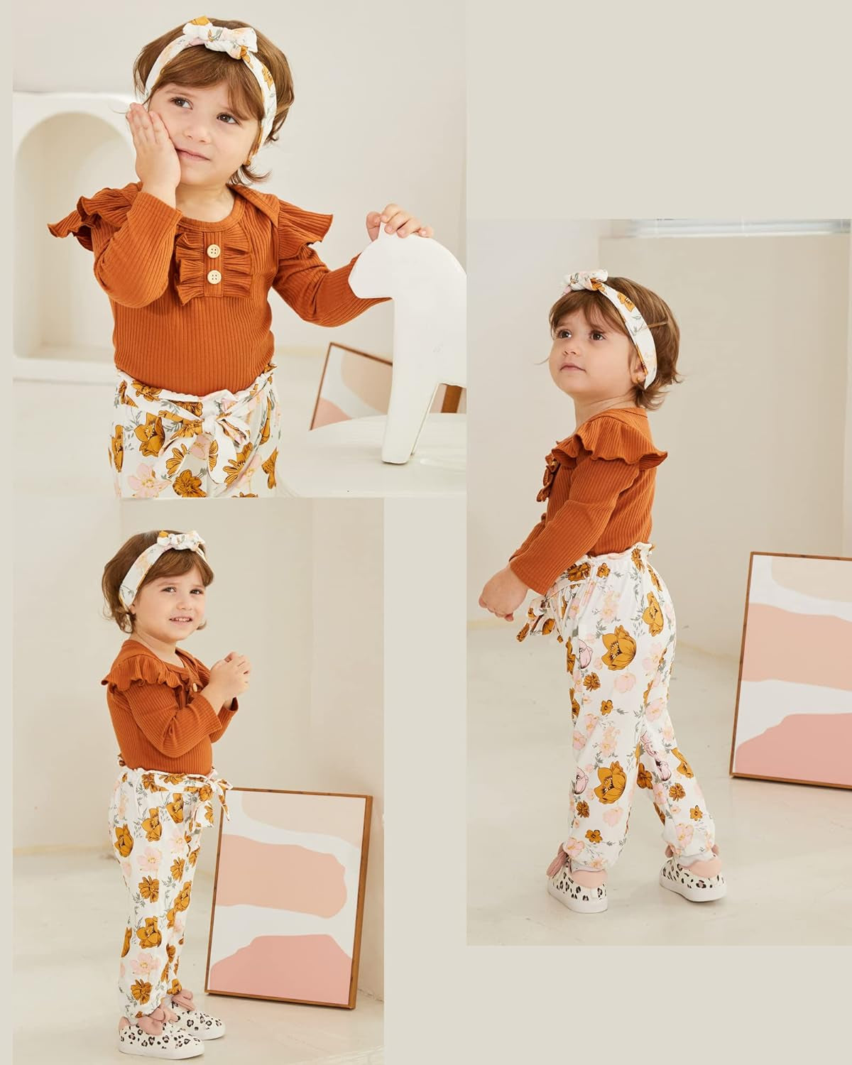 Adorable Kislio Newborn Baby Girls Outfit Set - Ribbed Ruffled Romper, Floral Pants & Matching Headband