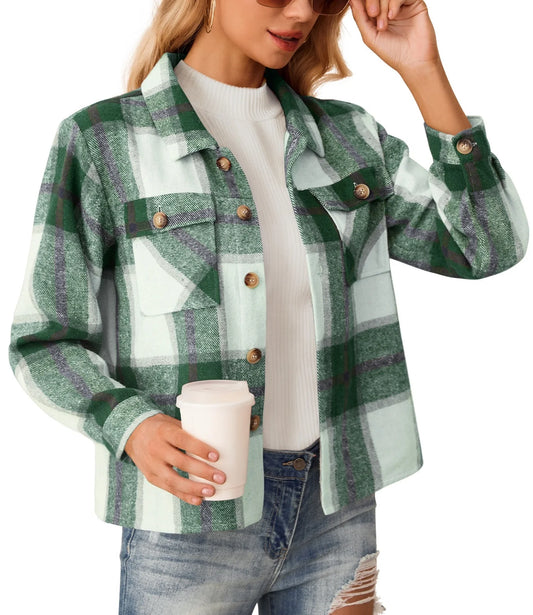 Women's Plaid Flannel Shacket - Long Sleeve Button-Down Jacket for Trendy Fall Outfits