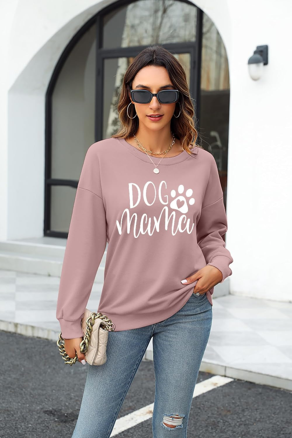 Women's Dog Mom Sweatshirt - Graphic Pullover with Adorable Paw Print Design for Dog Enthusiasts
