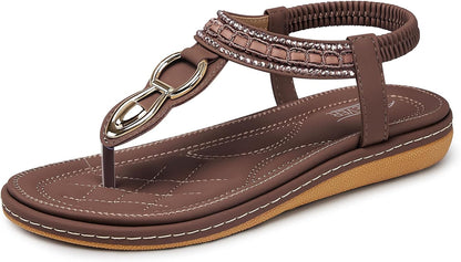 SHIBEVER Women's Elegant Summer Sandals: Comfortable Flat Bohemian T-Strap Casual Footwear