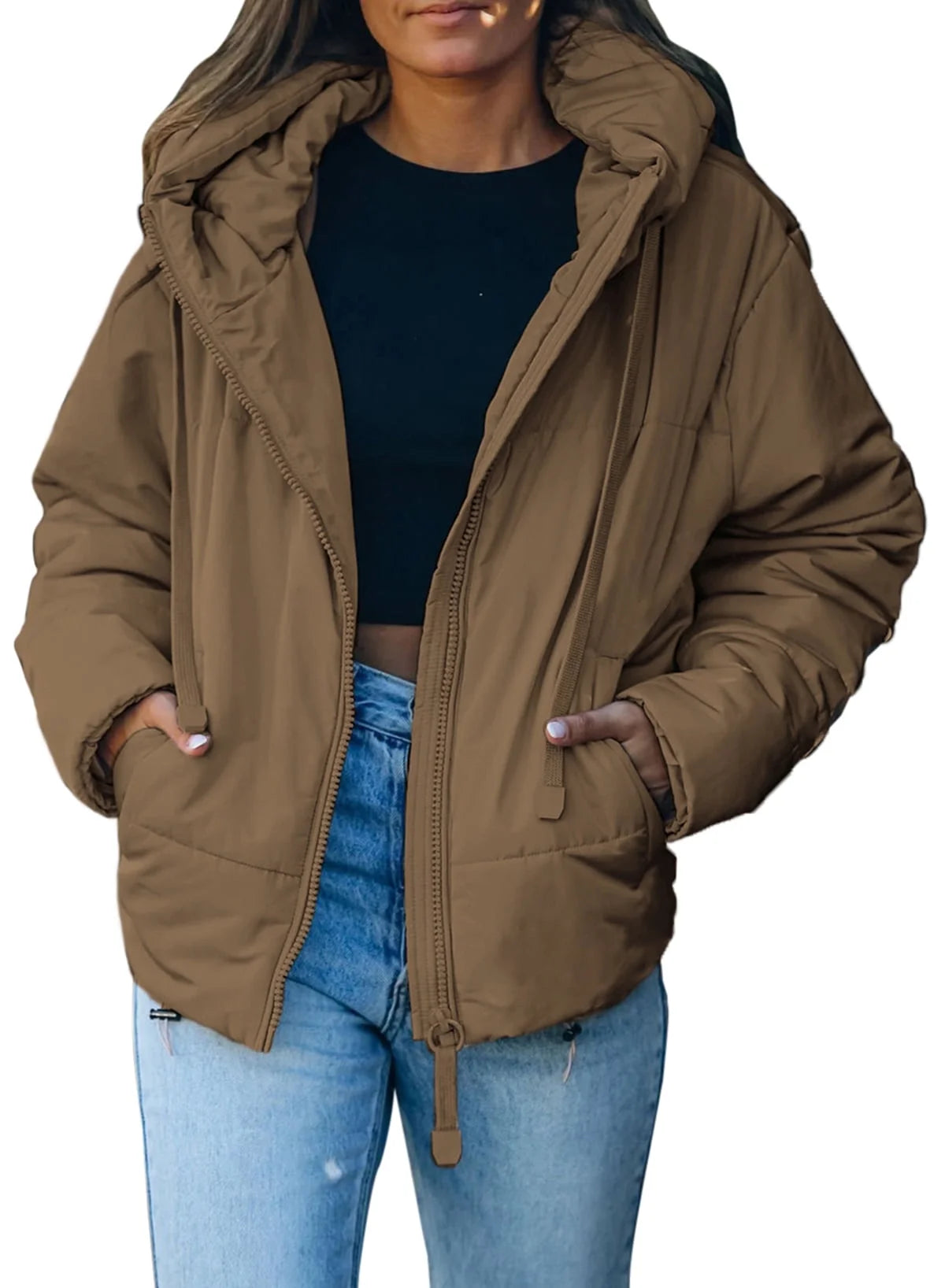 Petite Women's Short Hooded Puffer Jacket with Full Zipper and Pockets