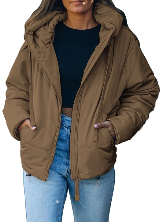 Petite Women's Short Hooded Puffer Jacket with Full Zipper and Pockets