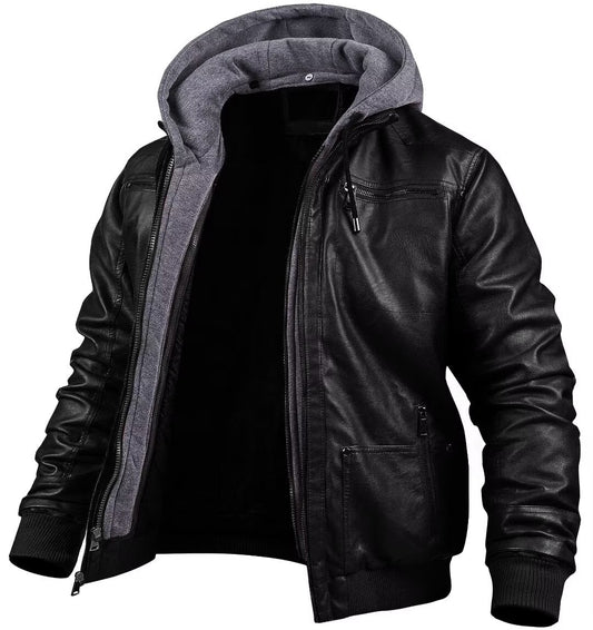 Men's Vintage Faux Leather Motorcycle Jacket - Slim Fit PU Outerwear in Black, Size 3XL