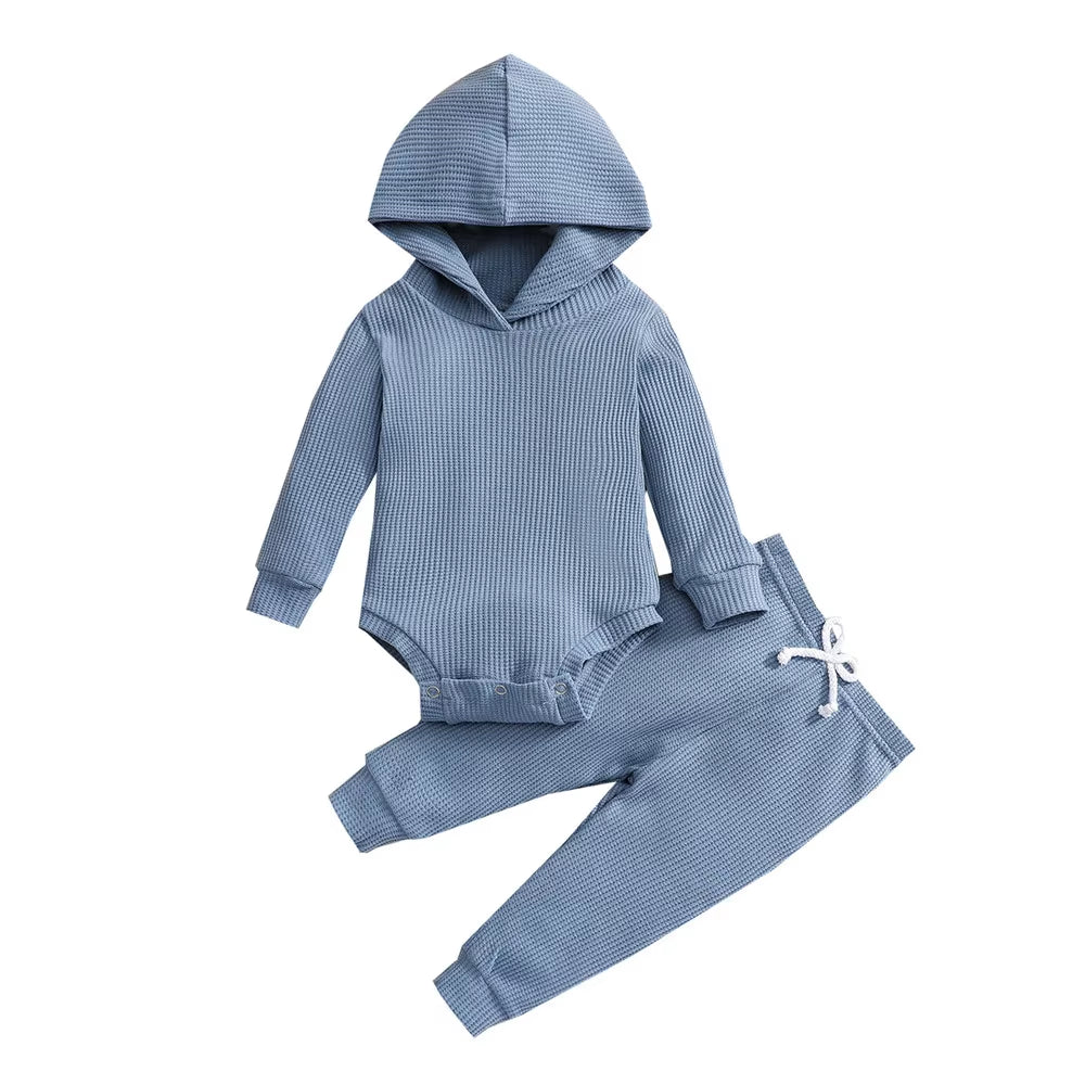 Hooded Jumpsuit and Trousers Set for Newborns in Solid Colors for Boys and Girls