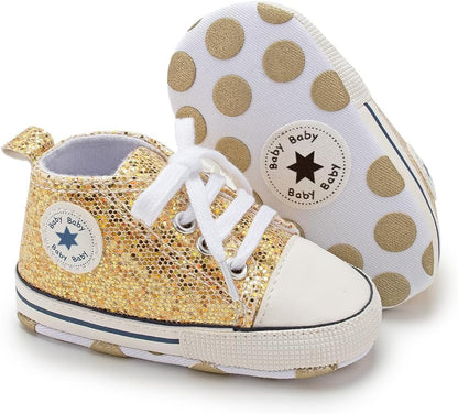 KIDSUN Unisex High Top Sneakers for Infants - Soft, Anti-Slip Canvas Denim First Walkers for Little Feet