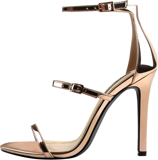 LISHAN Women's Champagne Gold Triple Ankle Strap High Heel Stiletto Open Toe Sandals, Size 9.5 - Perfect for Evening Events and Celebrations