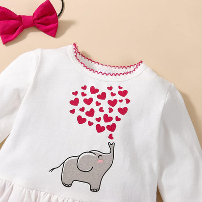 Adorable Newborn Baby Girl Fall Outfit - Long Sleeve Love Elephant Romper Jumpsuit with Matching Headband (White Red, 12-18 Months)
