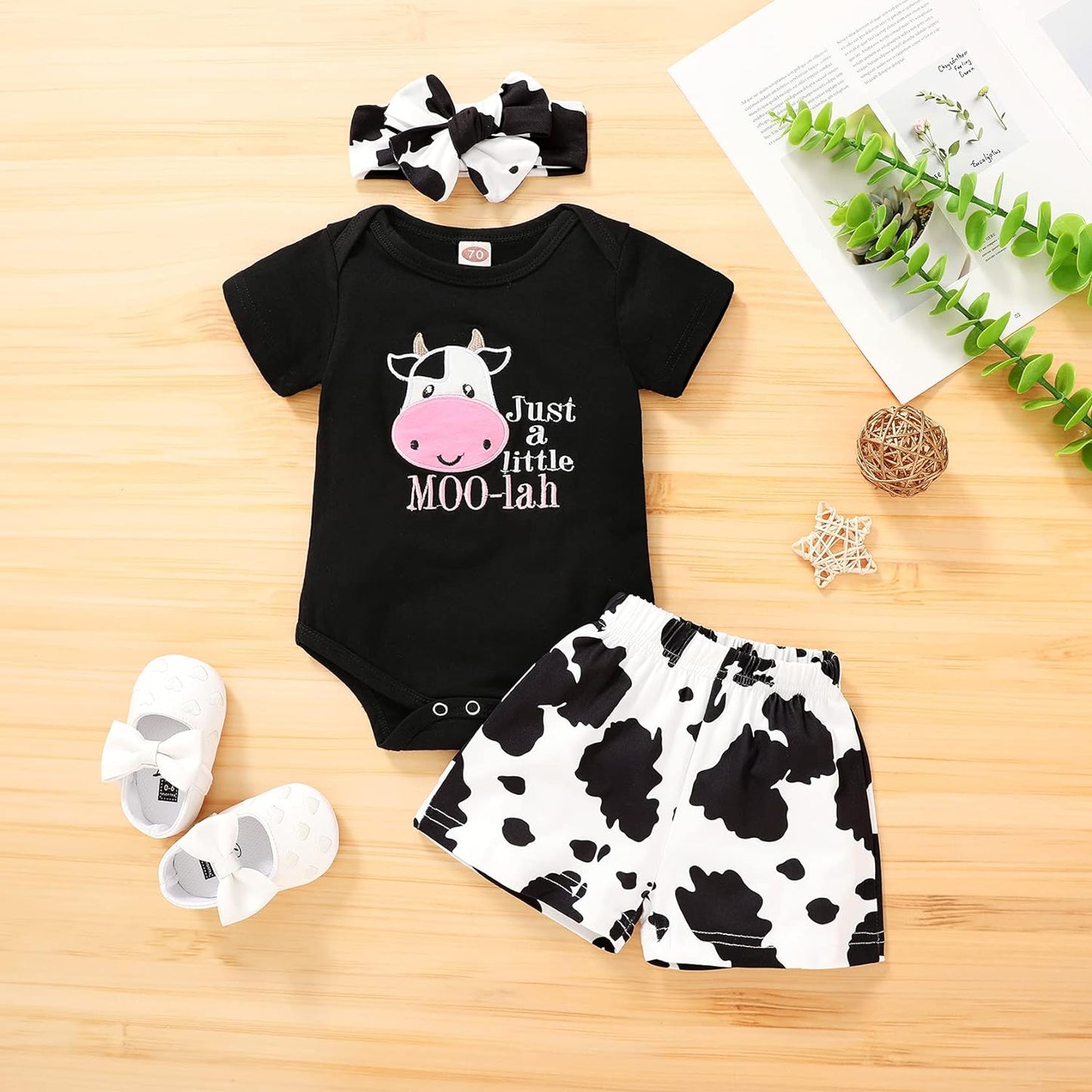 Adorable Summer Cow Print Romper & Shorts Set for Baby Girls - Embroidered Design!