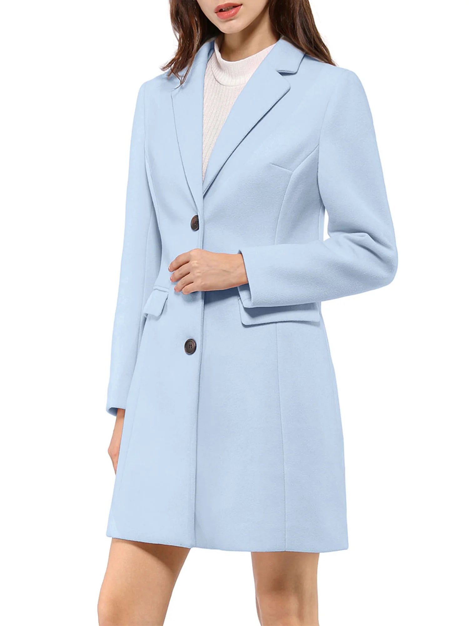 Women's Notched Lapel Long Sleeve Single Breasted Peacoat in Light Blue for Fall and Winter
