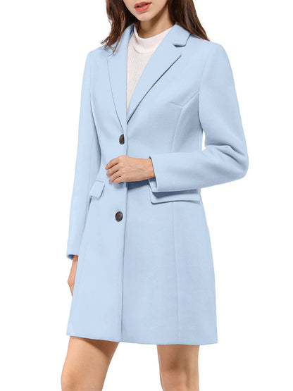 Women's Notched Lapel Long Sleeve Single Breasted Peacoat in Light Blue for Fall and Winter