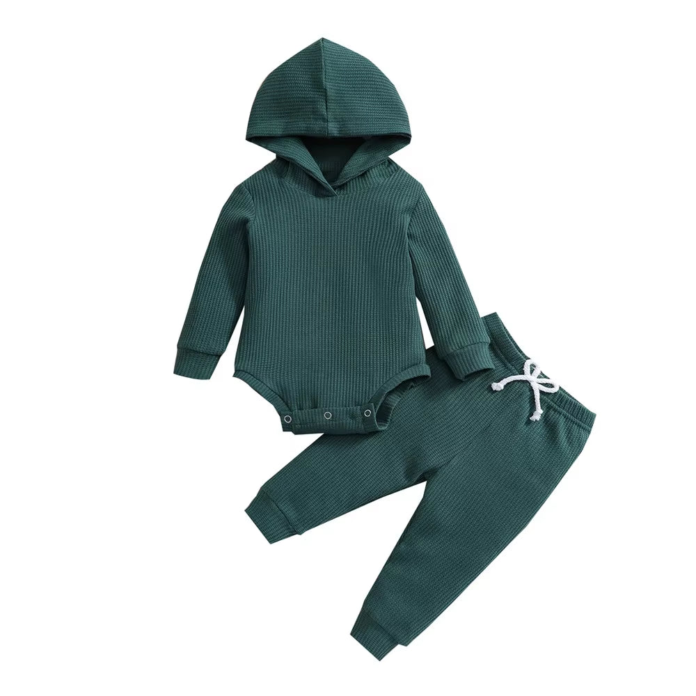 Hooded Jumpsuit and Trousers Set for Newborns in Solid Colors for Boys and Girls