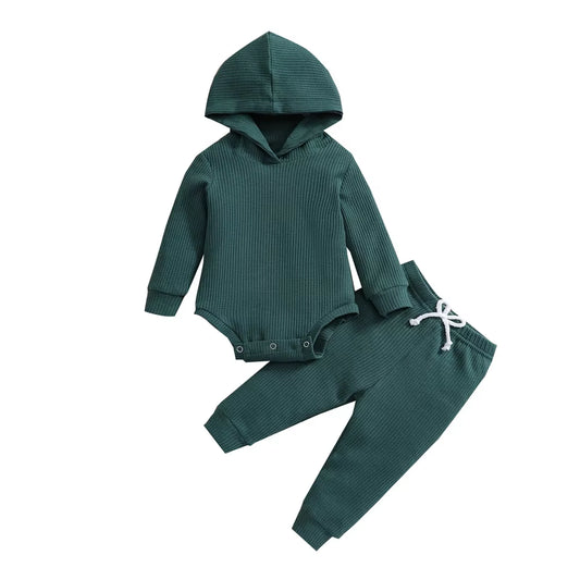 Hooded Jumpsuit and Trousers Set for Newborns in Solid Colors for Boys and Girls