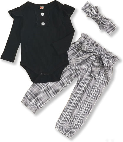 Adorable Kislio Newborn Baby Girls Outfit Set - Ribbed Ruffled Romper, Floral Pants & Matching Headband