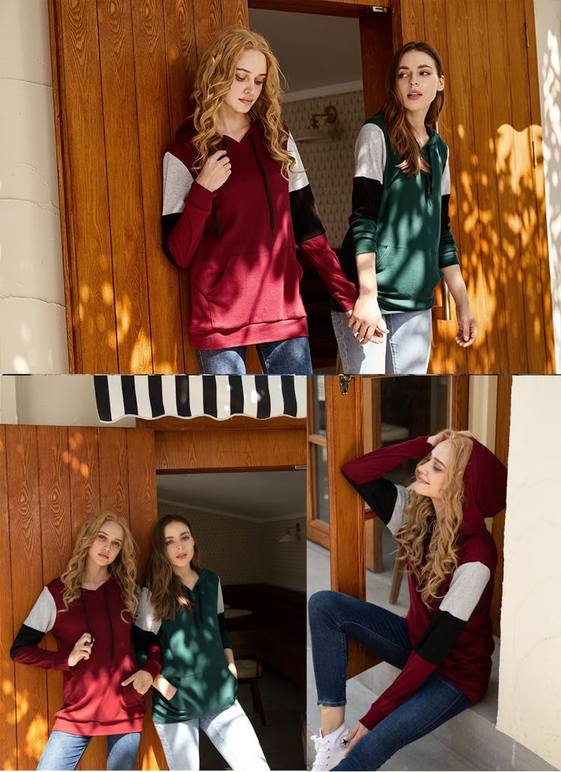 CATHY Women's Casual Color Block Long Sleeve Pullover Hoodie Tunic with Pocket