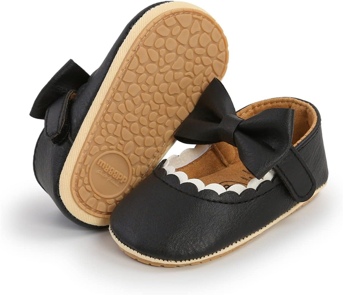 LAFEGEN Adorable Infant Girls' Mary Jane Flats with Bow Knot - Non-Slip Soft Sole PU Leather First Walker Dress Shoes