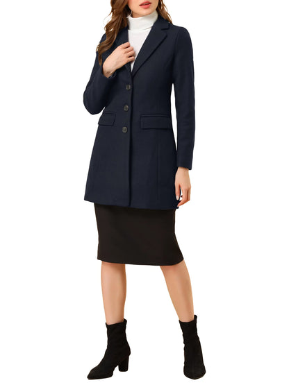 Women's Notched Lapel Long Sleeve Single Breasted Peacoat in Dark Blue - Fall/Winter Collection, Size XL