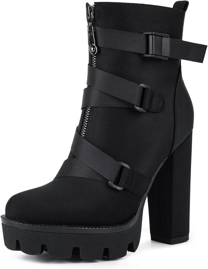 Wetkiss Women's Lace-Up Chunky Heeled Platform Combat Boots
