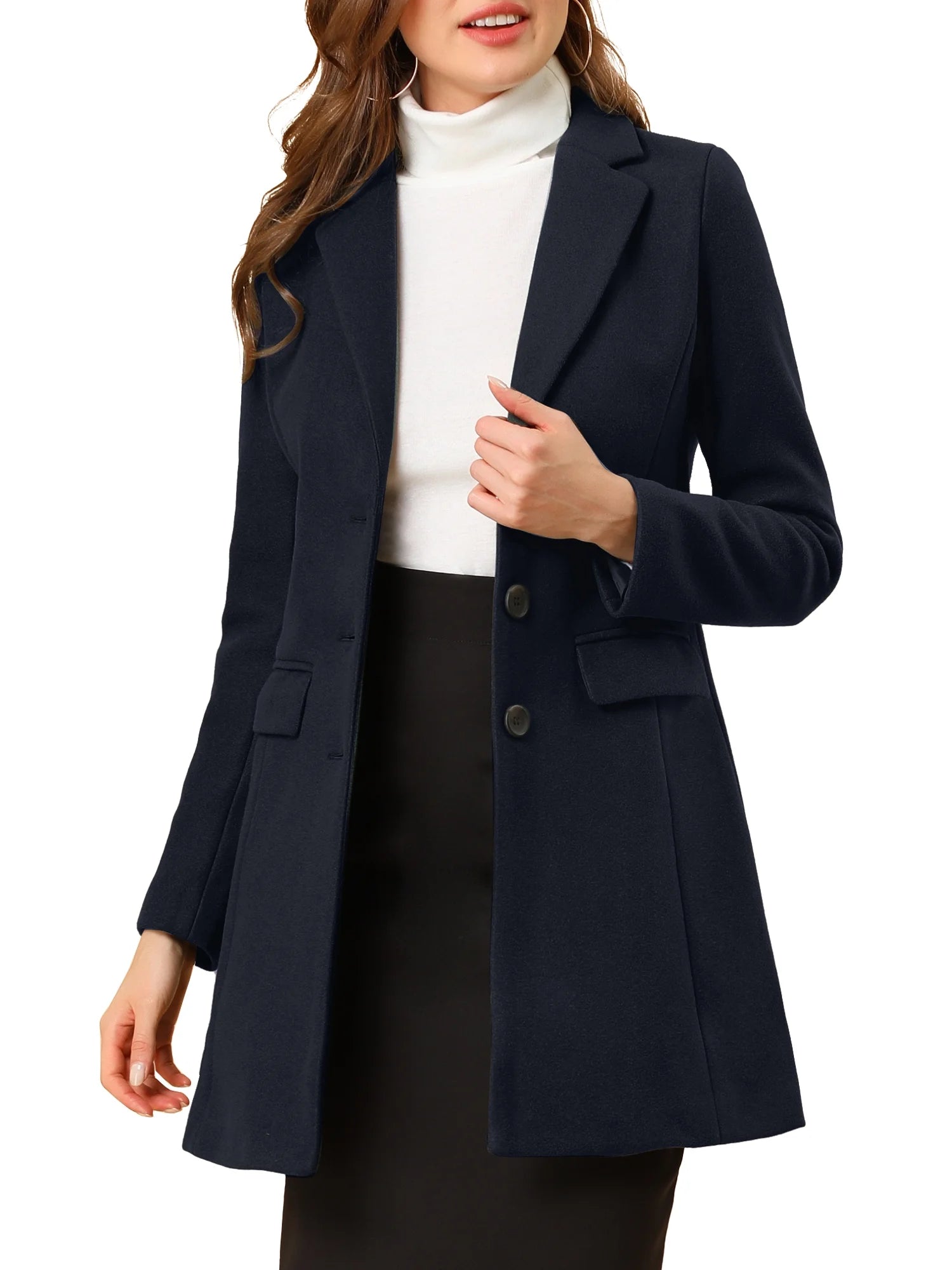 Women's Notched Lapel Long Sleeve Single Breasted Peacoat in Dark Blue - Fall/Winter Collection, Size XL