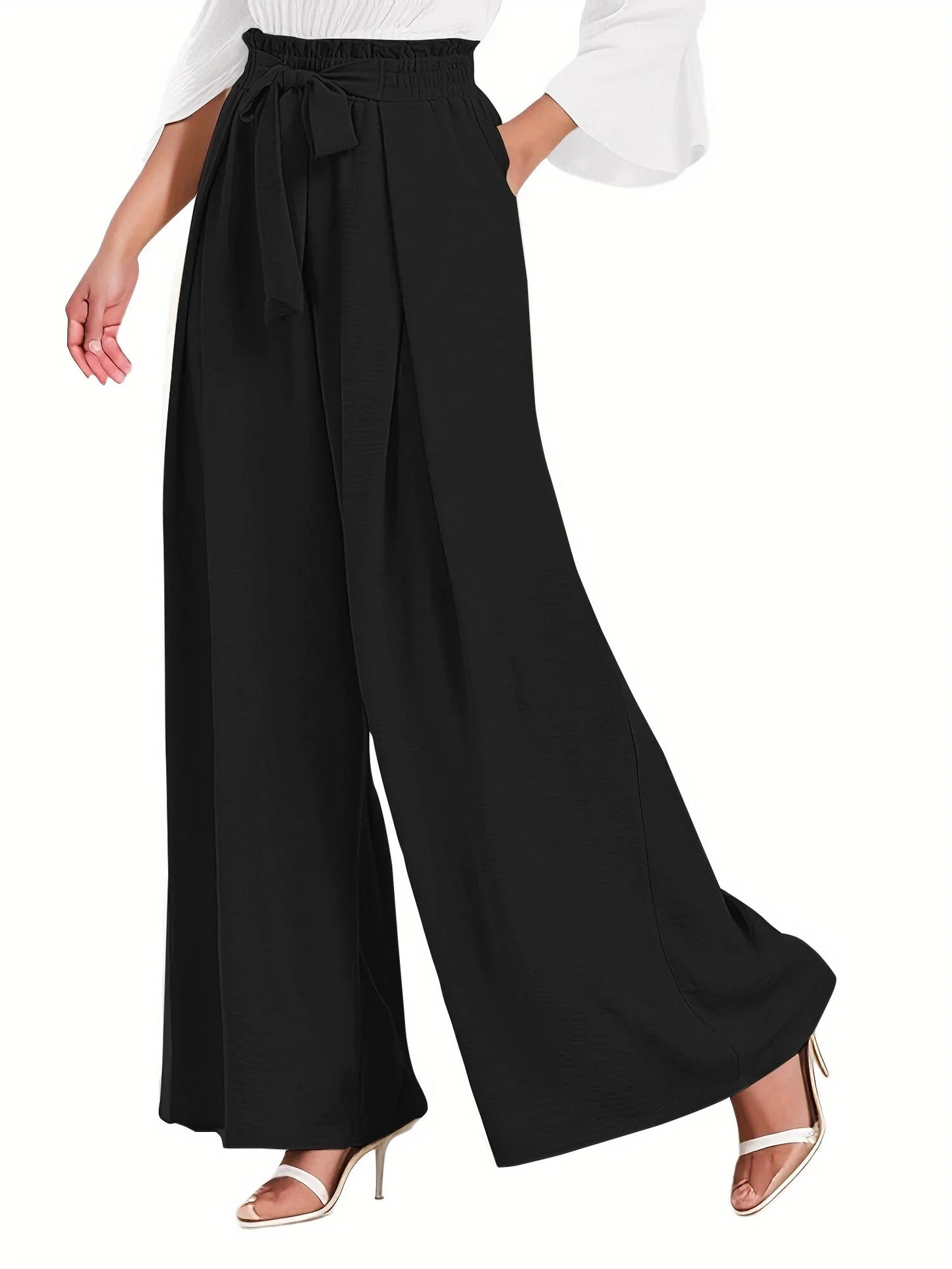 Women's High-Waisted Wide Leg Lounge Pants with Pockets and Adjustable Tie Knot - Casual and Work Trousers
