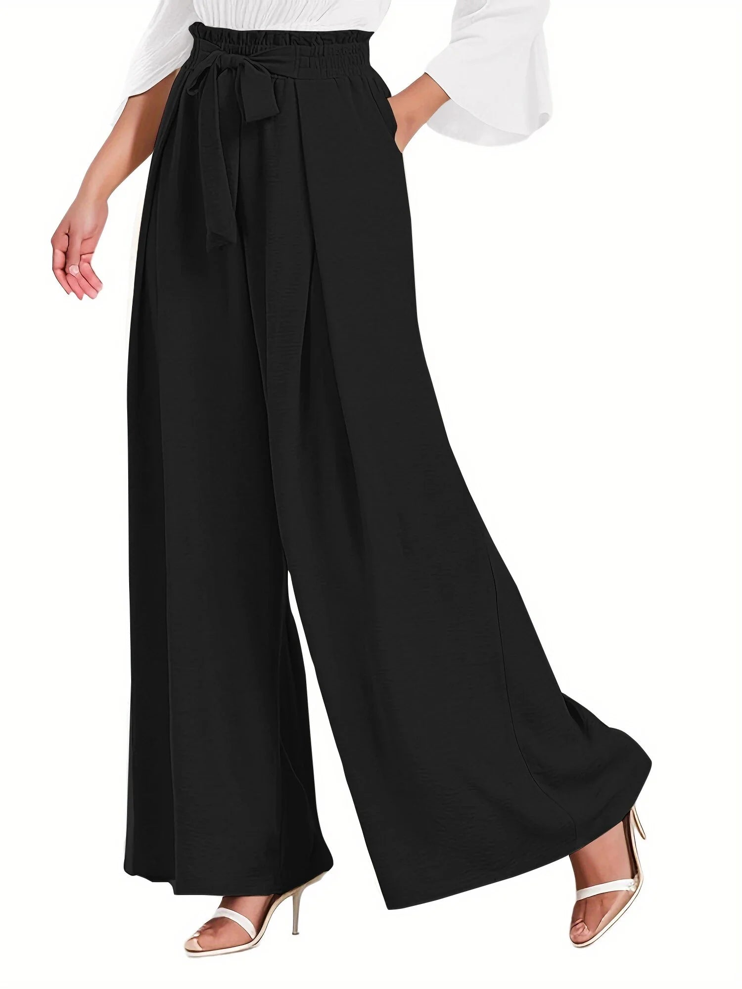 Women's High-Waisted Wide Leg Lounge Pants with Pockets and Adjustable Tie Knot - Casual and Work Trousers