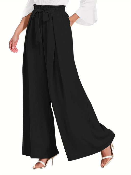 Women's High-Waisted Wide Leg Lounge Pants with Pockets and Adjustable Tie Knot - Casual and Work Trousers