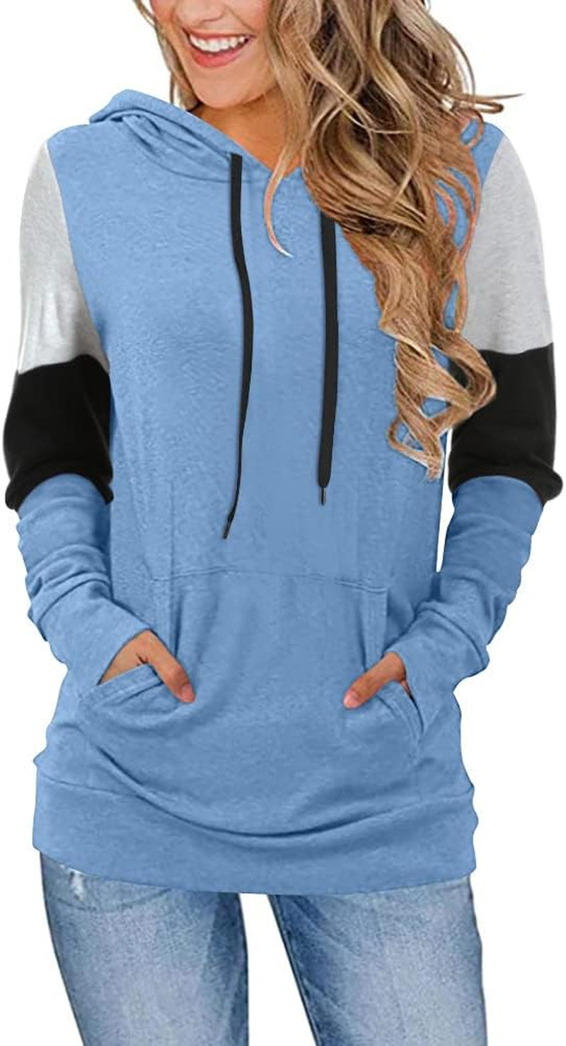 CATHY Women's Casual Color Block Long Sleeve Pullover Hoodie Tunic with Pocket